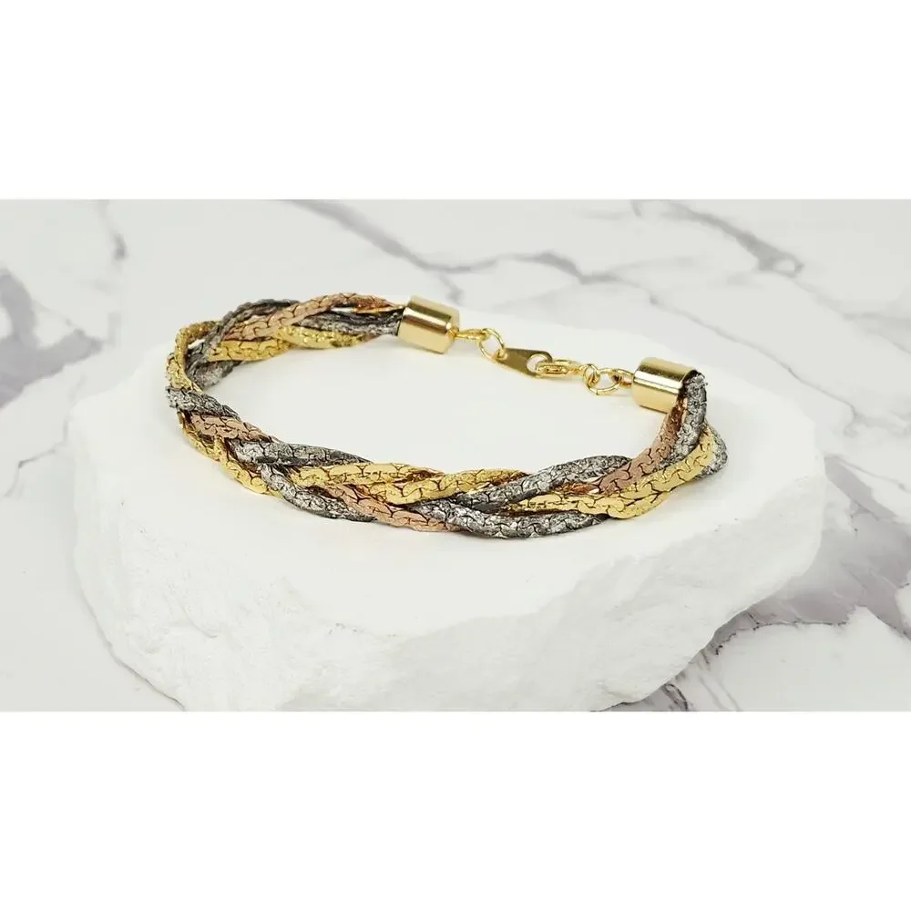 Vintage Tri-Color Braided Herringbone Chain Bracelet Gold Silver Rose 7.5